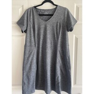 J Jill Fit Marled Gray V Neck Dress Size Medium Relaxed Midi Pockets Shirttail